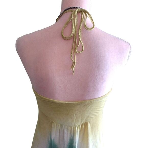 Y2K Yellow Green Tie Dye Viscose Embroidered Halter Maxi Dress Medium - Picture 15 of 16